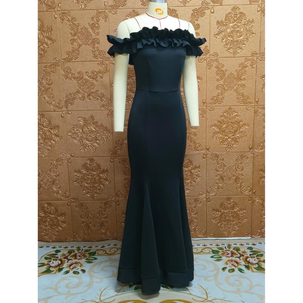 Women's Black Cololura Sexy Floor-Length Off Shoulder Ruffles Stringy Selvedge - Picture 8 of 8